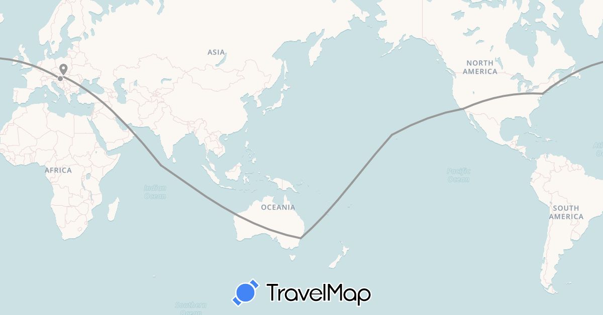 TravelMap itinerary: driving, plane in United Arab Emirates, Australia, Hungary, Maldives, United States (Asia, Europe, North America, Oceania)